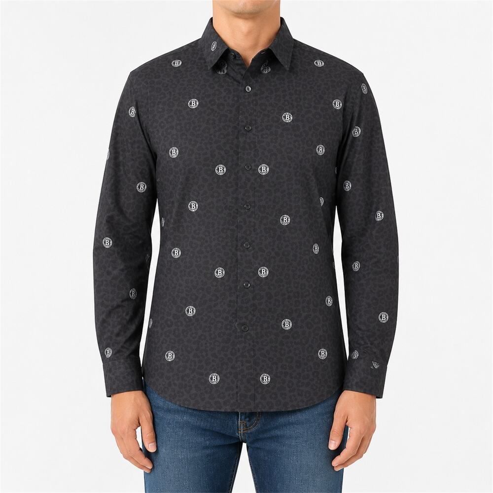 Express Brooklyn Nets Shirt Mens Medium Black Long Sleeve Slim Fit Button-Up
